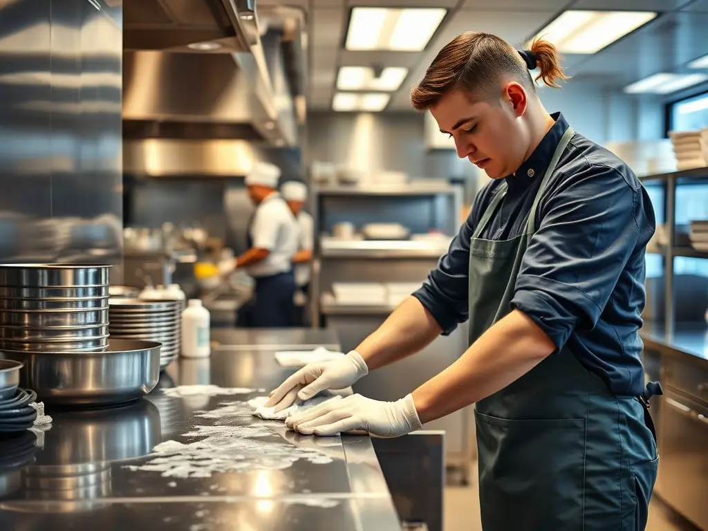 A commercial kitchen being deep cleaned by Pure Pro Cleaners, highlighting the removal of grease and grime from equipment.