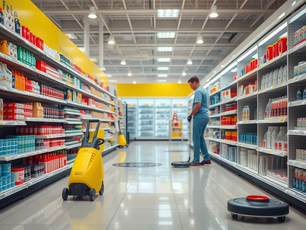 A retail store being thoroughly cleaned after hours by Pure Pro Cleaners staff, showcasing floor cleaning and display sanitization.